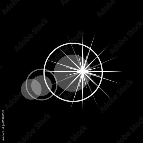 Digital lens flare effect creating a bright starburst and transparent circular artifacts on a dark background, providing a glare and light reflection overlay element