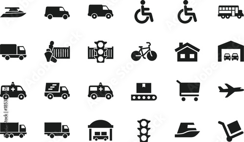 Set of black logistics and transportation icons featuring delivery trucks cargo vans ambulances school buses traffic lights and warehouse storage symbols isolated on white background