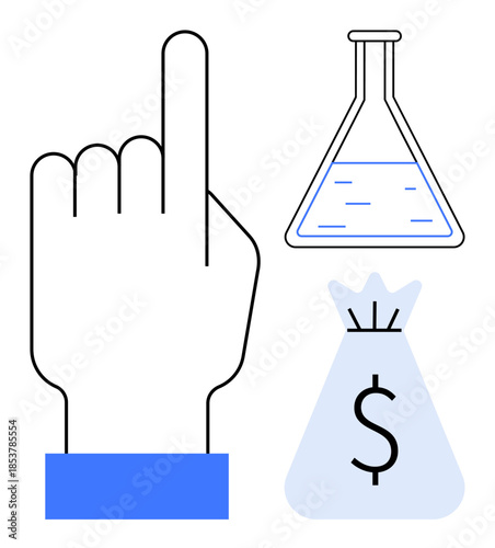 Hand pointing upward near laboratory flask and money bag with dollar sign, signifying scientific discovery, financial investment, funding, research, innovation, and economic progress. Ideal