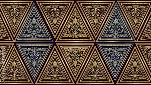 Intricate golden triangular ornamental pattern with fleur de lis motifs and colored gems on dark background