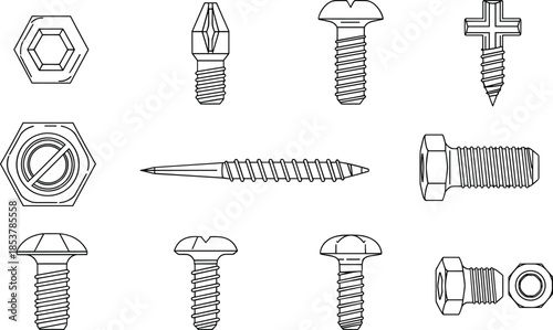 Set of thin line hardware tools and fasteners featuring various metal screws bolts hexagonal nuts and wood screws isolated on white background flat vector illustration for construction 