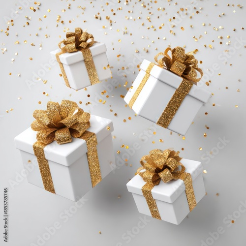 Floating White Gifts with Gold Glitter Ribbons and Confetti on Light Gray Background