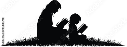 Reading together silhouette, adult child, peaceful moment, educational bond, outdoor learning, book lovers, black illustration, family time, quiet connection
