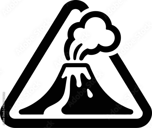 Volcanic Eruption Warning Icon – Black and White Triangle Hazard Sign with Erupting Volcano and Smoke Plume, Simple Flat Symbol Isolated