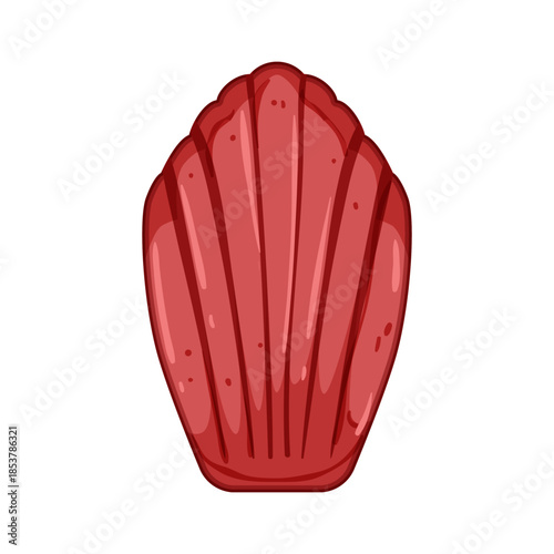 Red shell shape representing a classic french madeleine cake, featuring distinct ridges and a scalloped edge on a white background, symbolizing french confectionery and sweet treats