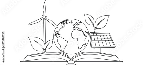 Sustainability education illustration, open book, wind turbine, solar panel, globe, green energy, environmental awareness, minimalist line art, eco concept