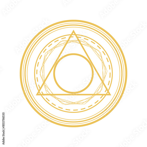 Golden mystical symbol featuring a magic circle, triangle, and inner circle, representing energy, spirituality, and ancient occult power on a white background