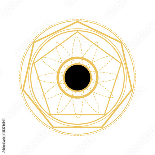 Golden magic circle with intricate sacred geometry patterns, central black disc and dashed lines symbolizing ancient arcane knowledge, enchantment, ritual protection and mystical energy