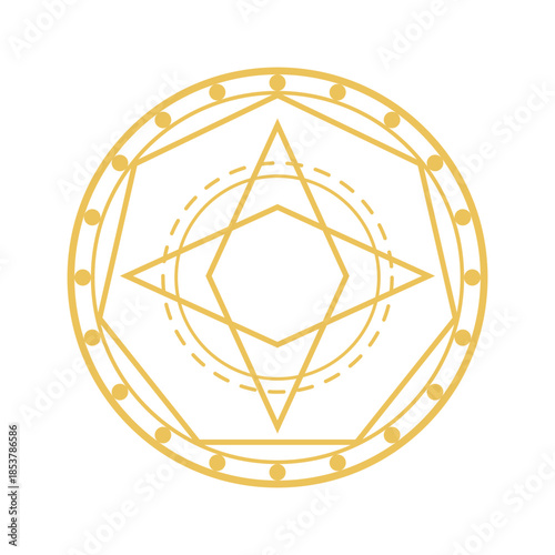 Golden geometric magic circle drawing featuring an interlocking octagonal shape, radiating mystical energy and symbolizing ancient occult rituals, alchemy, fantasy, and spirituality