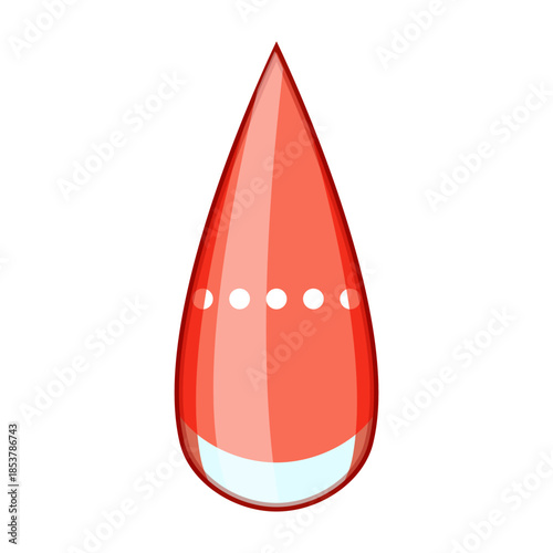Stylized red teardrop with glossy light blue reflection at base and a curved band of white dots, sleek decorative droplet icon for beauty, cosmetic, or liquid design uses
