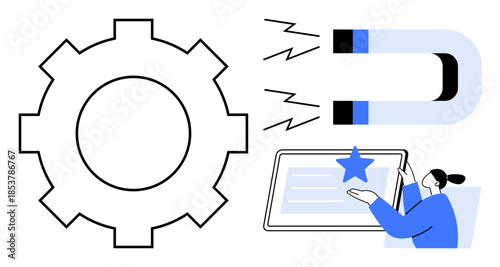 Business strategy, customer engagement, optimization, content creation, digital interaction, marketing funnel. Gear, magnet and person interacting with a digital interface. Business strategy