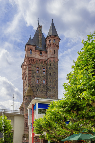 At the base of the Nibelungen tower on the shore of the Rhine, a tower bridge on the Rhine at the east entrance of Worms