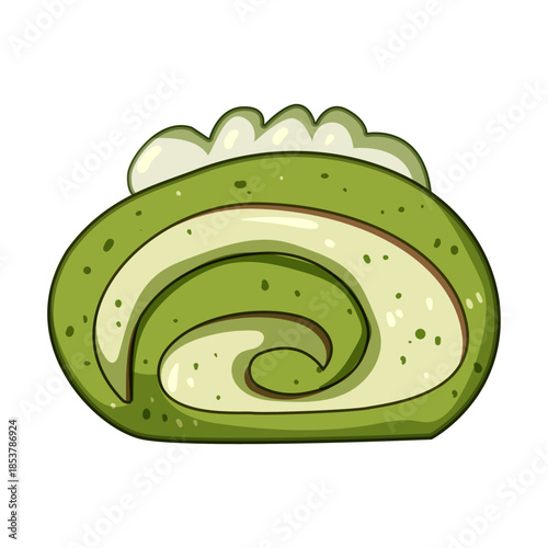 Matcha green tea roll cake with cream swirl on top, illustrated dessert icon showcasing a sweet japanese pastry, perfect for tea time, bakery, menu, or culinary design projects
