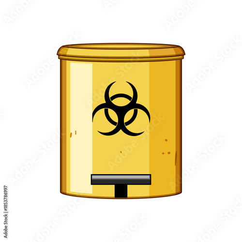 Yellow biohazard waste bin with universal warning symbol for safe containment and disposal of infectious, hazardous medical and laboratory waste in healthcare settings
