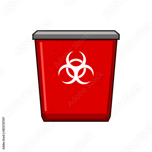 Red biohazard bin featuring a prominent symbol, symbolizing medical waste disposal, hospital safety, healthcare precautions, and the containment of infectious or dangerous materials
