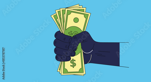 Clenched hand holding bunch of dollar bank notes against blue background symbolizes greed, financial control, and personal wealth accumulation.