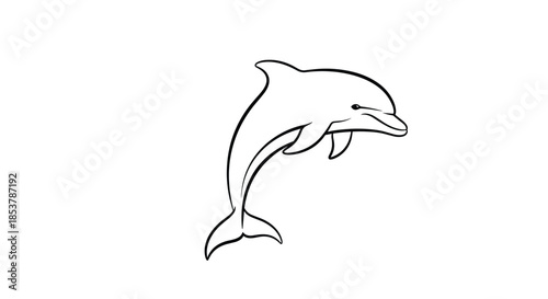 Minimalist black and white line art illustration of a graceful dolphin jumping out of the water isolated on a clean white background.