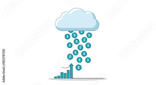 Financial concept illustration of dollar coins raining from a cloud onto a blue bar chart showing upward growth and profit.