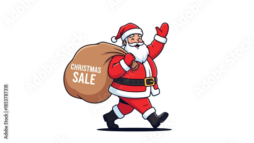 Santa Claus with a gift bag full of Christmas Sale items waving hello, celebrating the festive holiday season with joy and excitement