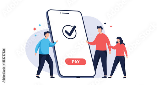 Group of people interacting with a giant smartphone featuring a checkmark and pay button representing modern mobile payments.