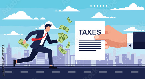 Cartoon illustration of a businessman running away from a large hand holding a taxes bill against a blue city skyline.