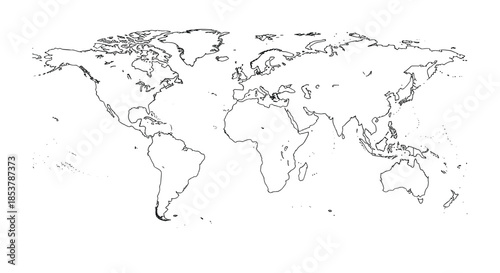 Simple black and white outline drawing showing the continents and major islands of the entire world map for geography studies.