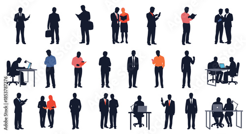 Collection of business silhouettes featuring men and women in various professional activities like meetings, working, and talking.