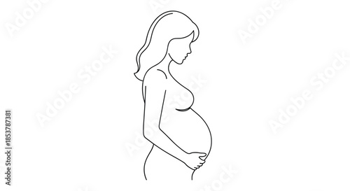 Elegant minimalist continuous line drawing of a pregnant woman in profile view isolated on a clean white background face.