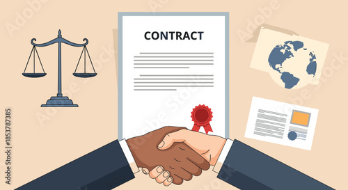 Two people from different ethnicities shaking hands over a signed contract with scales of justice and a small world map.