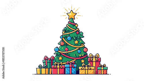 Festive Christmas Tree Adorned with Ornaments and Gifts, Celebrating the Joyful Holiday Season