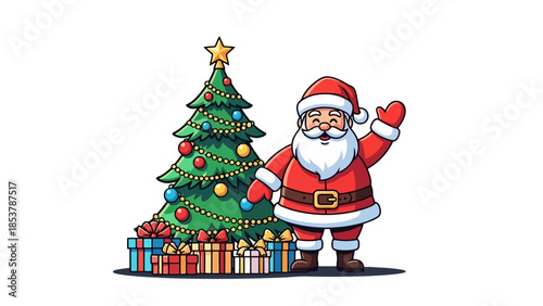 Festive Cheer Santa Claus with Christmas Tree and Gifts Illustration