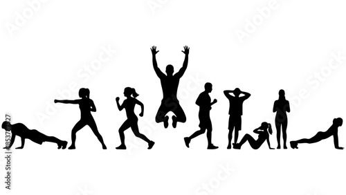 Diverse collection of dynamic human silhouettes engaged in various fitness activities and exercise poses, promoting an active and healthy lifestyle with physical training routines