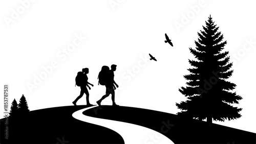 Vector graphic of two hikers with backpacks on a winding uphill path, alongside a pine tree and birds, symbolizing outdoor adventure and nature's journey