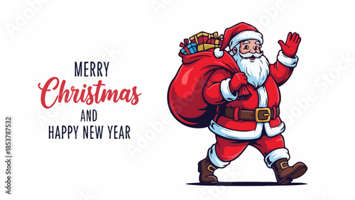 Merry Christmas and Happy New Year Santa Claus with a gift bag greeting festive season
