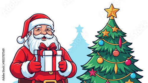 Festive Santa Claus holding a gift box next to a decorated Christmas tree, celebrating the holiday season