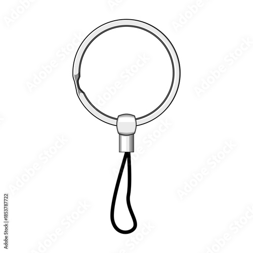 Metal split ring keyring with a black loop for quick attachment of keys, charms or straps, shiny chrome finish on white background, minimalist secure connector for accessories