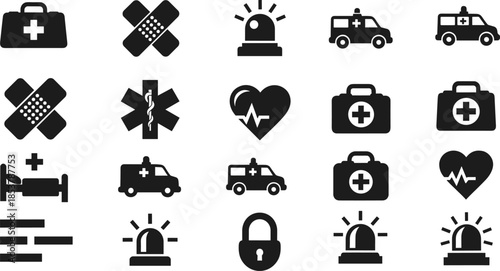 Comprehensive set of black line icons for security, safety and surveillance featuring padlocks, keys, CCTV cameras, safes and digital protection symbols.