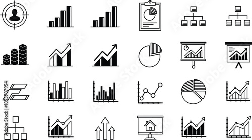 Comprehensive set of black line icons for business growth, financial analytics, data charts, corporate hierarchy, presentation boards and strategic investment planning.