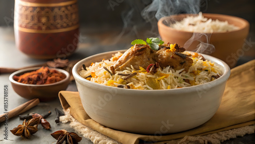 food photography of biryani in a ceramic bowl with steam rising