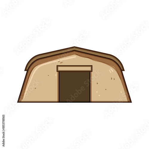 Military tent providing temporary shelter for troops or humanitarian aid, featuring a quonset hut style with a large entrance, representing deployment, logistics, and field operations