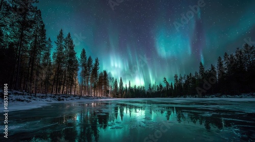 Northern Lights Display Over Icy Lake Reflecting Forest Silhouette