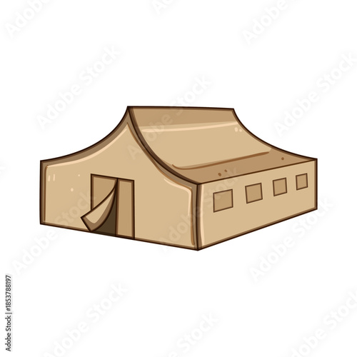 Military canvas tent illustration depicting temporary shelter for army camps, disaster relief, field hospital or outdoor expeditions, portable beige accommodation icon on white