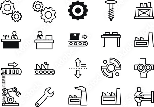 Comprehensive set of black line icons for industrial manufacturing featuring gears, factory buildings, assembly lines, robotic arms, wrenches and engineering tools.