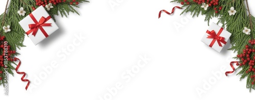 Holiday frame made of cedar branches, white gift boxes and red berries isolated on white background