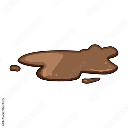 Brown mud puddle on a clean white background, wet dirty stain suggesting spill, mess, outdoor play or messy weather versatile vector style design element for graphic use