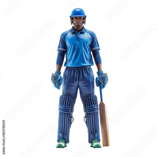 Full body portrait of a serious professional cricket batsman wearing blue uniform and holding a wooden bat on transparent background