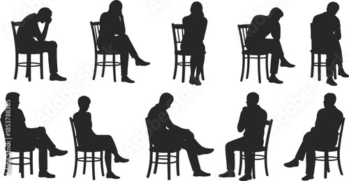 Collection of diverse seated person silhouettes showing various poses and emotions people sitting