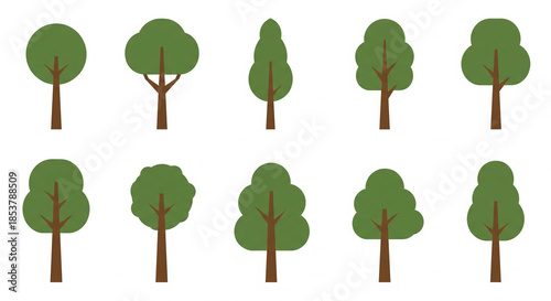 Foto Simple tree symbols with trunk and green crown vector set isolated on white back
