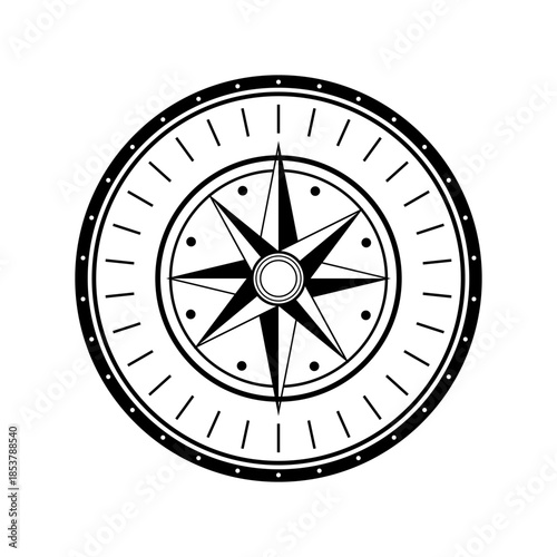 Vintage style compass rose artwork depicting a star symbol surrounded by a circular frame, illustrating concepts of navigation, travel, exploration, and finding the correct path