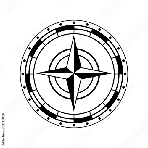 Compass rose icon symbolizing navigation, guidance and exploration for travel, wayfinding and cartography, simple black outline vector emblem for map, nautical and directional design